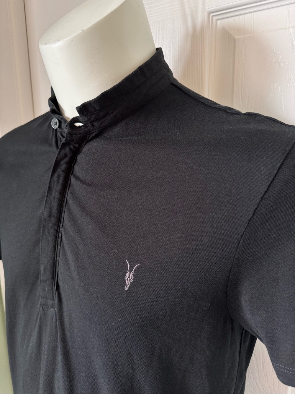 Mens All Saints Collared Cotton Polo Short Sleeve Shirt Size Large Black